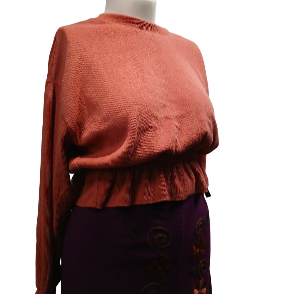 Zara Womens Small Terracotta Orange Ribbed Peplum Sweater Long Sleeve Top